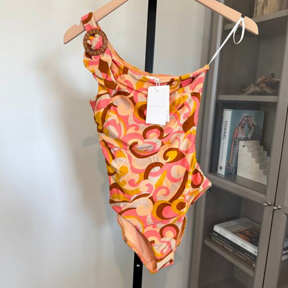 Zimmermann Mae One Shoulder Swimsuit NEW Buckle Embellished Peach Swirl NWT S - Picture 2 of 7
